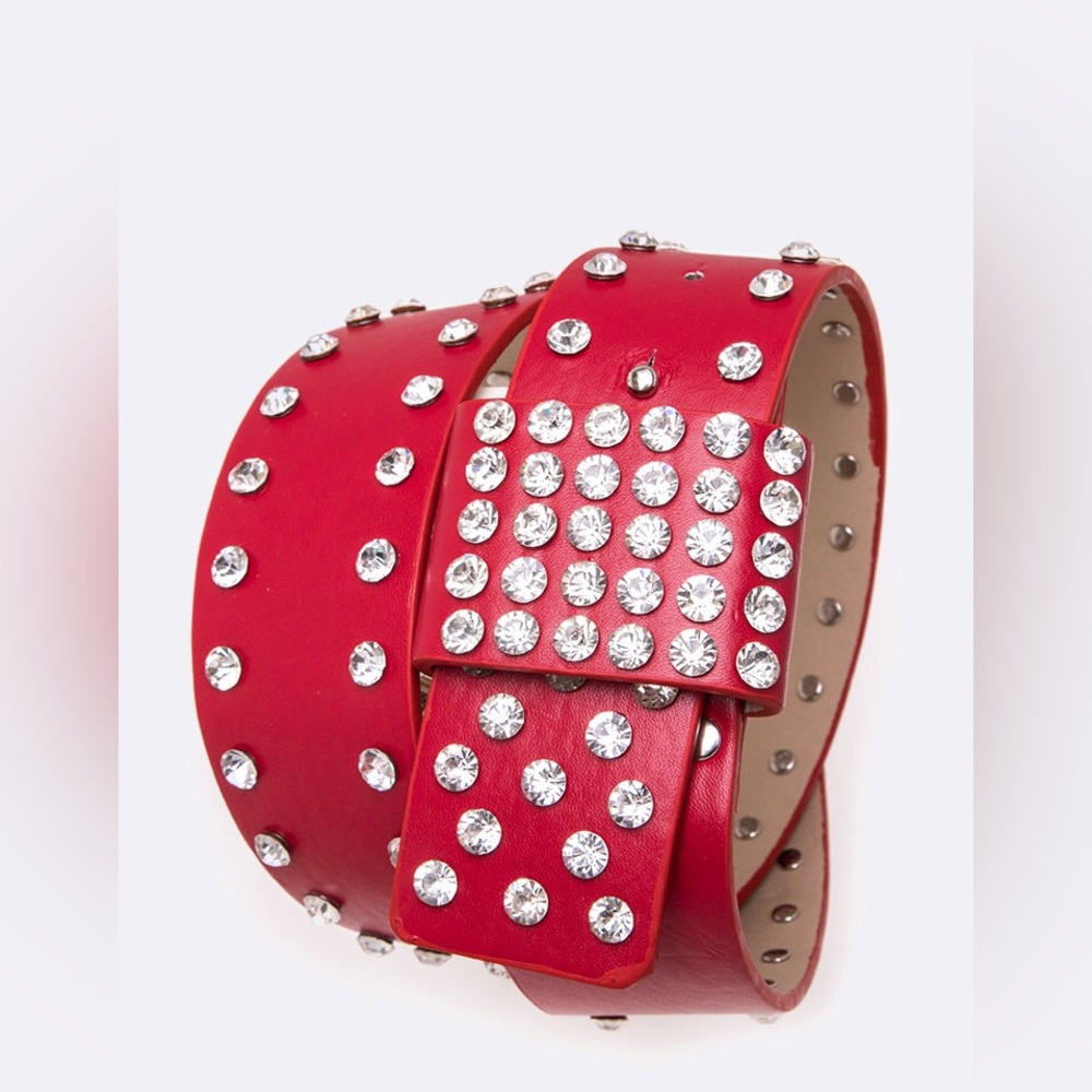 Red Blinged Out Crystal Vegan Leather Belt